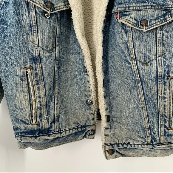 Levi’s Vintage 80’s Denim Distressed Jacket Sherpa Piled Size L - Picture 8 of 12